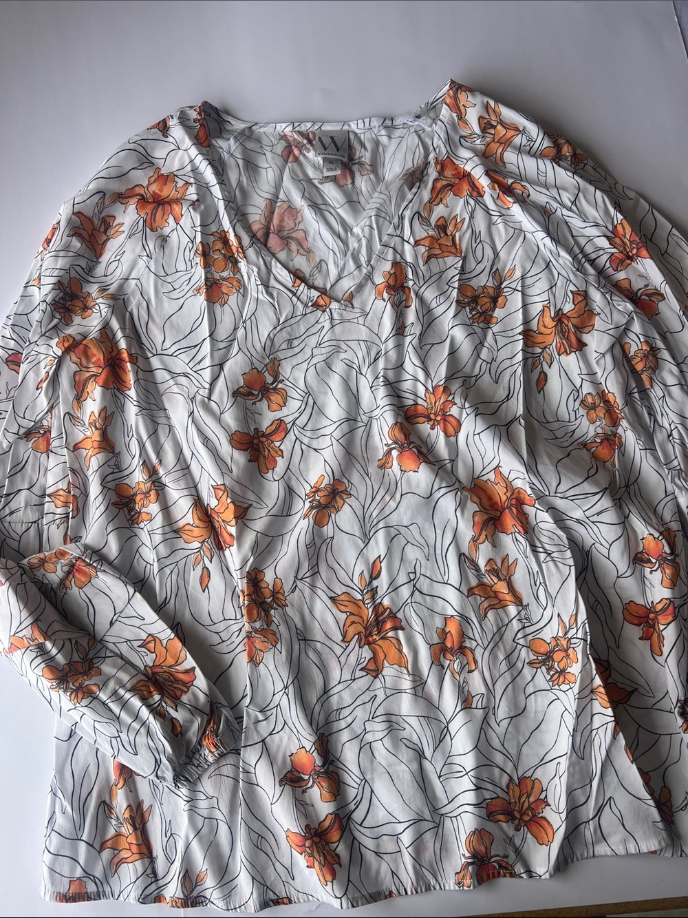 Worthington White Blouse with Peach Floral Print